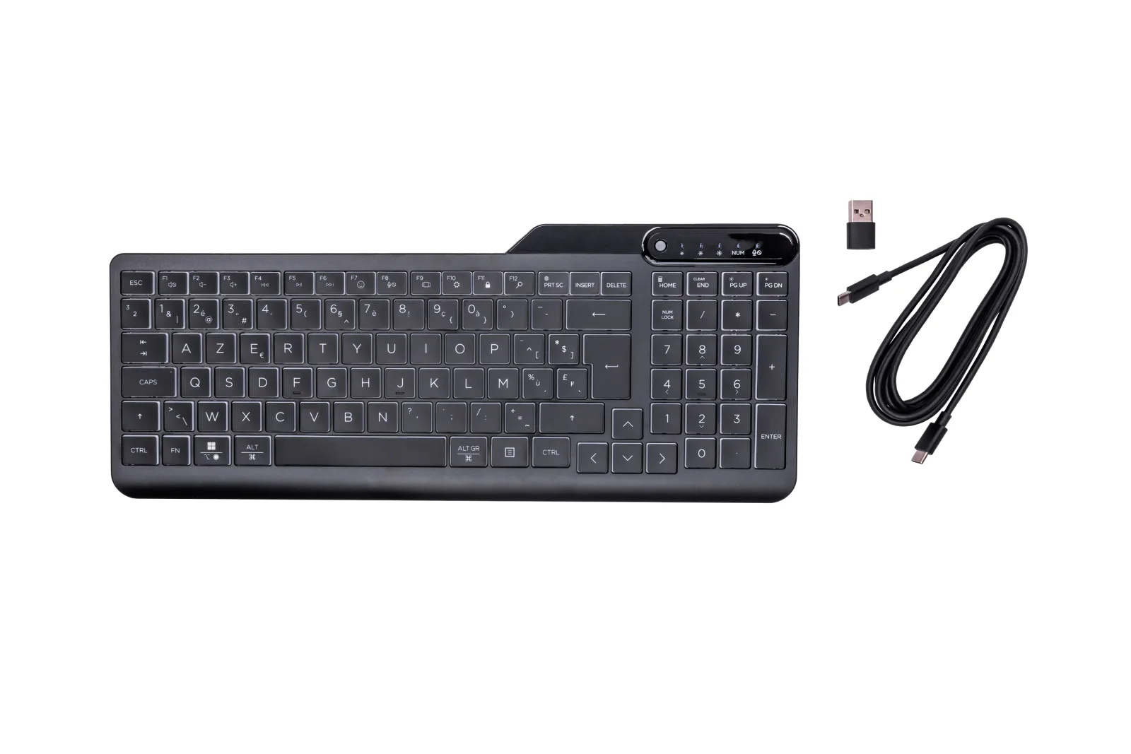 Keyboard - compact size, 2-zone layout, 12 programmable keys, low profile key travel, multi-device - backlit - USB-C - A